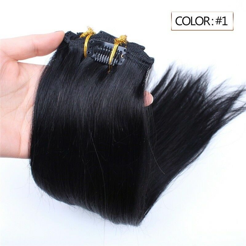 Luxury Clip In Human Hair Extensions #1 Jet Black Remy Silky Straight 7pcs 100g