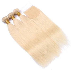 Luxury Brazilian Bleach Blonde #613 Straight Human Hair Extensions + 4x4 Closure