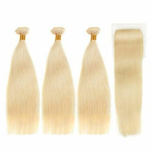 Load image into Gallery viewer, Luxury Brazilian Bleach Blonde #613 Straight Human Hair Extensions + 4x4 Closure
