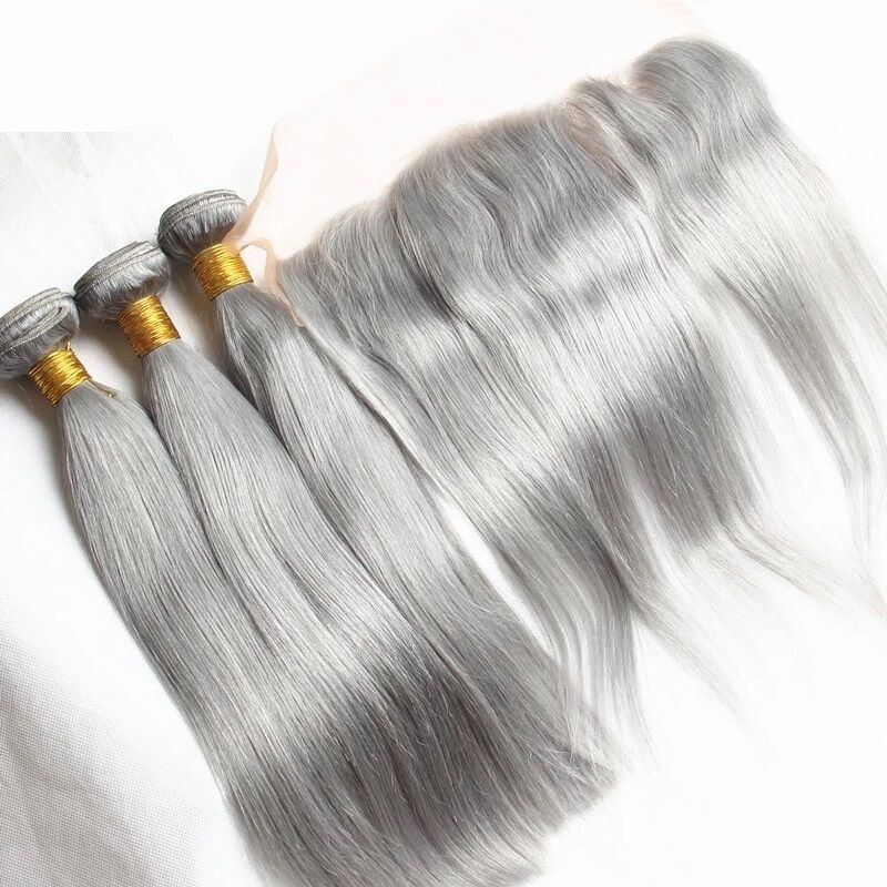 Luxury Brazilian Pure Grey Silver Straight Human Hair Extensions + 13x4 Frontal