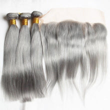 Load image into Gallery viewer, Luxury Brazilian Pure Grey Silver Straight Human Hair Extensions + 13x4 Frontal
