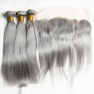 Luxury Brazilian Pure Grey Silver Straight Human Hair Extensions + 13x4 Frontal