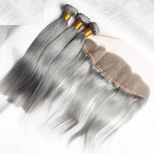 Load image into Gallery viewer, Luxury Brazilian Pure Grey Silver Straight Human Hair Extensions + 13x4 Frontal
