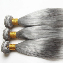 Load image into Gallery viewer, Luxury Brazilian Pure Grey Silver Straight Human Hair Extensions + 13x4 Frontal
