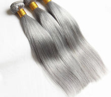 Load image into Gallery viewer, Luxury Brazilian Pure Grey Silver Straight Human Hair Extensions + 13x4 Frontal
