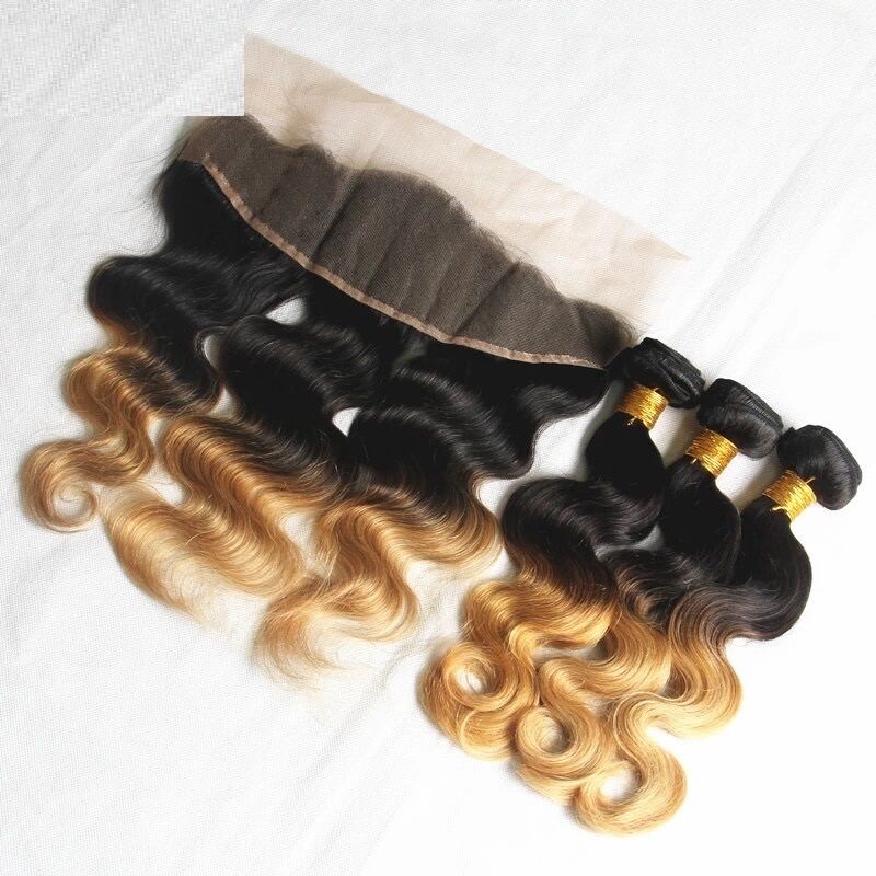 Luxury Brazilian Two Tone Honey Blonde Body Wave Ombre Hair Extensions + Frontal
