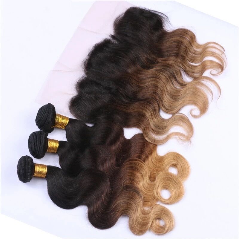 Luxury Brazilian Three Tone Blonde Body Wave Ombre Hair Extensions + Frontal