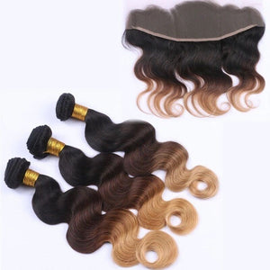 Luxury Brazilian Three Tone Blonde Body Wave Ombre Hair Extensions + Frontal