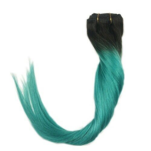 Luxury Clip In Human Hair Extensions #1B/Teal Green Remy Ombre