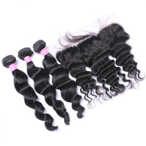 Luxury Peruvian Loose Wave Human Virgin Hair Extensions + 13x4 13x4 Lace Frontal