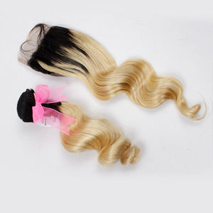 Luxury Loose Wave Brazilian Blonde Dark Roots Ombre Virgin Human Hair + Closure