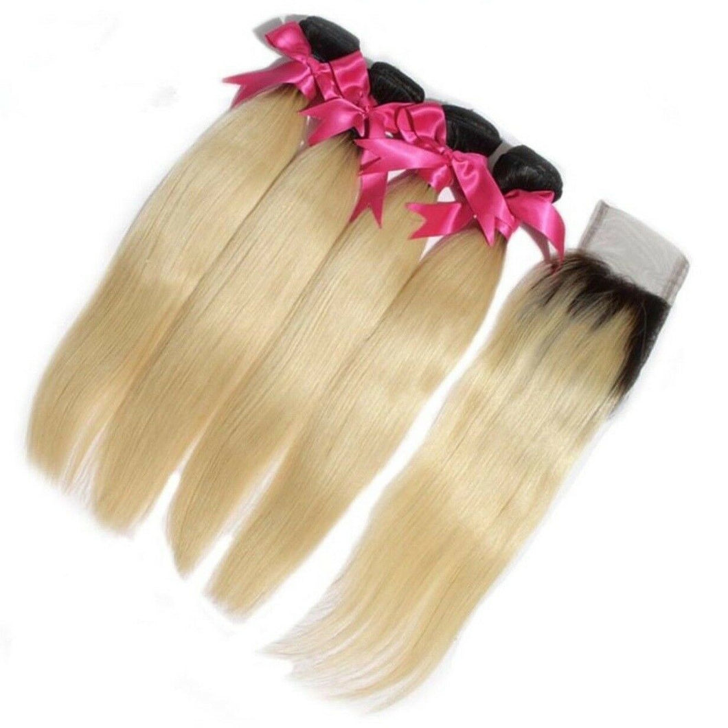 Luxury Brazilian #1B/613 Blonde Straight Human Hair Extensions + 4x4 Closure