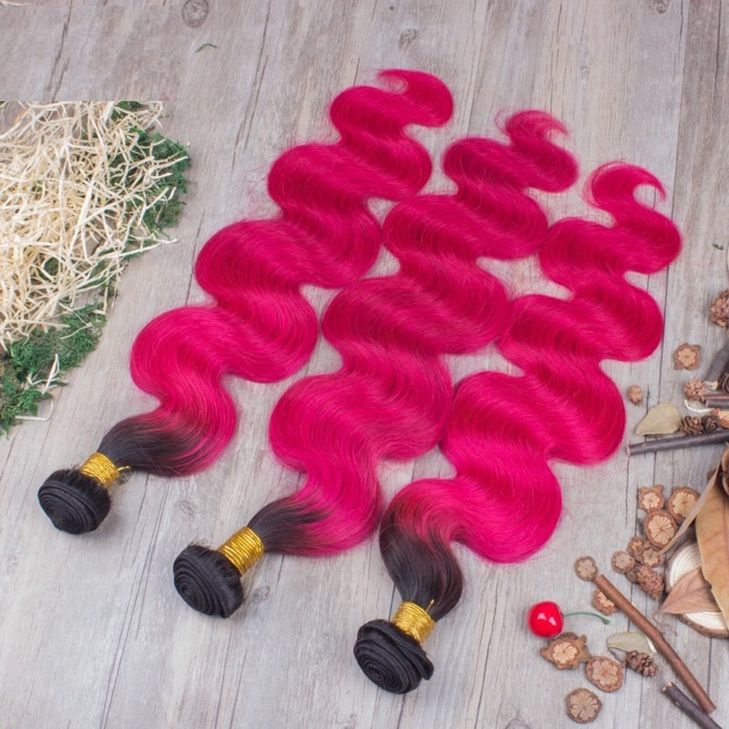 Luxury Brazilian Hot Pink Dark Root Ombre Body Wave Virgin Human Hair Extensions