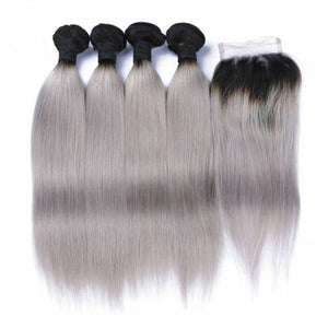 Luxury Brazilian #1B/Grey Silver Straight Human Hair Extensions + 4x4 Closure