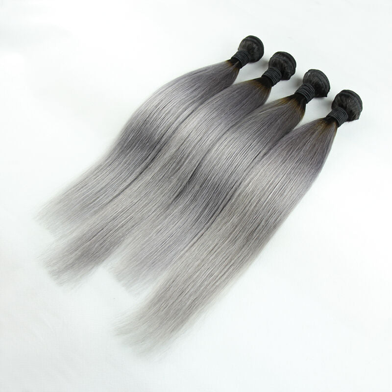 Luxury Dark Roots Grey Silky Straight Brazilian Virgin Hair Extensions 7A Weave