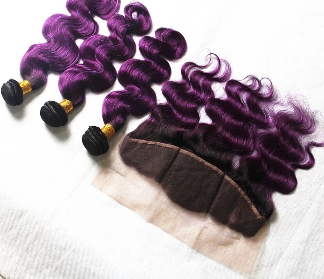 Luxury Brazilian Body Wave Purple Dark Roots Hair Extensions + 13x4 Frontal