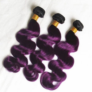 Luxury Brazilian Body Wave Purple Dark Roots Hair Extensions + 13x4 Frontal