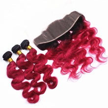 Load image into Gallery viewer, Luxury Brazilian Body Wave Burgundy 99J Dark Root Hair Extensions + 13x4 Frontal
