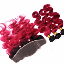 Load image into Gallery viewer, Luxury Brazilian Body Wave Burgundy 99J Dark Root Hair Extensions + 13x4 Frontal
