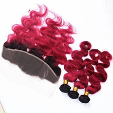 Load image into Gallery viewer, Luxury Brazilian Body Wave Burgundy 99J Dark Root Hair Extensions + 13x4 Frontal

