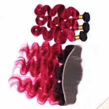 Load image into Gallery viewer, Luxury Brazilian Body Wave Burgundy 99J Dark Root Hair Extensions + 13x4 Frontal
