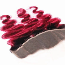 Load image into Gallery viewer, Luxury Brazilian Body Wave Burgundy 99J Dark Root Hair Extensions + 13x4 Frontal
