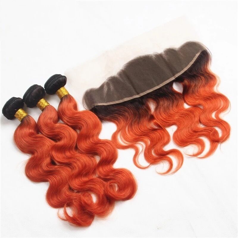 Luxury Brazilian Body Wave Orange Red #350 Dark Roots Hair Extensions + Frontal