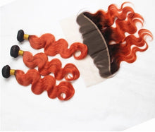 Load image into Gallery viewer, Luxury Brazilian Body Wave Orange Red #350 Dark Roots Hair Extensions + Frontal
