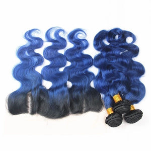 Luxury Brazilian Body Wave Royal Blue Dark Roots Hair Extensions + 13x4 Frontal