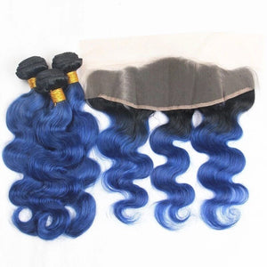 Luxury Brazilian Body Wave Royal Blue Dark Roots Hair Extensions + 13x4 Frontal