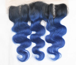 Luxury Brazilian Body Wave Royal Blue Dark Roots Hair Extensions + 13x4 Frontal