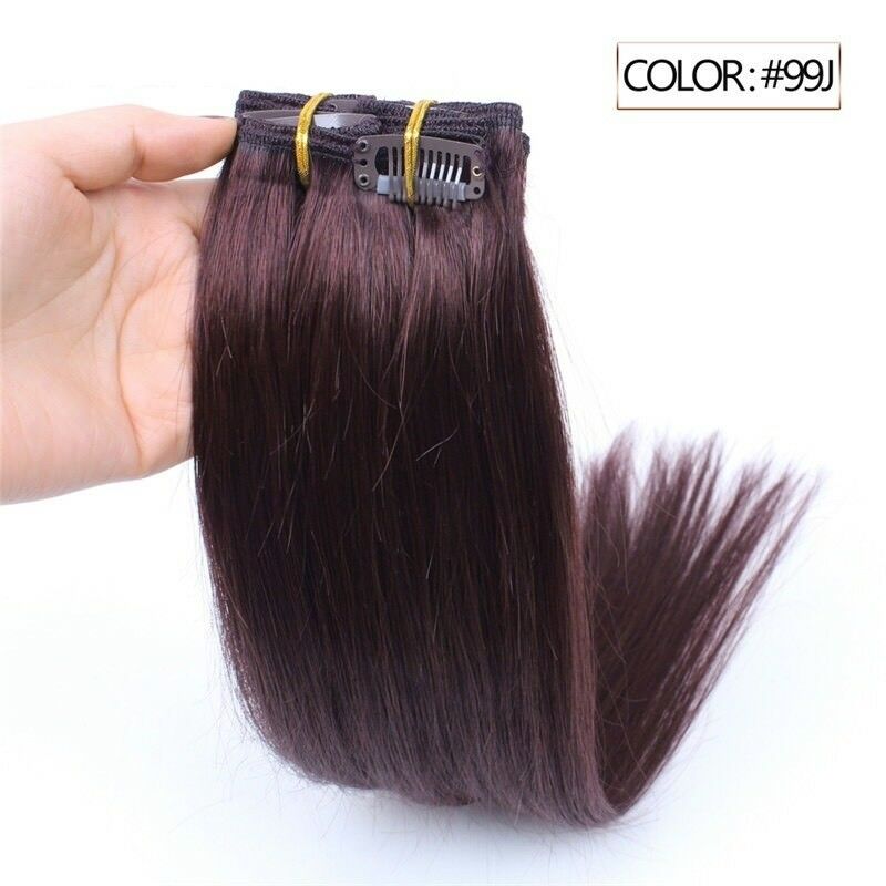 Luxury Clip In Human Hair Extensions #99J Burgundy Red Remy Straight 7pcs 100g