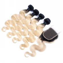 Load image into Gallery viewer, Luxury Brazilian #1B/613 Blonde Body Wave Human Hair Extensions + 4x4 Closure
