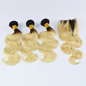 Luxury Brazilian #1B/613 Blonde Body Wave Human Hair Extensions + 4x4 Closure