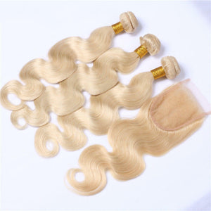 Luxury Brazilian #613 Blonde Body Wave Human Hair Extensions + 4x4 Closure