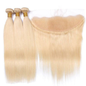 Luxury Peruvian Bleach Blonde 613 Straight Human Hair Extensions + 13x4 Frontal