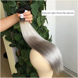 Luxury Peruvian Dark Roots Grey Gray Silver Straight Human Hair Extensions 10A