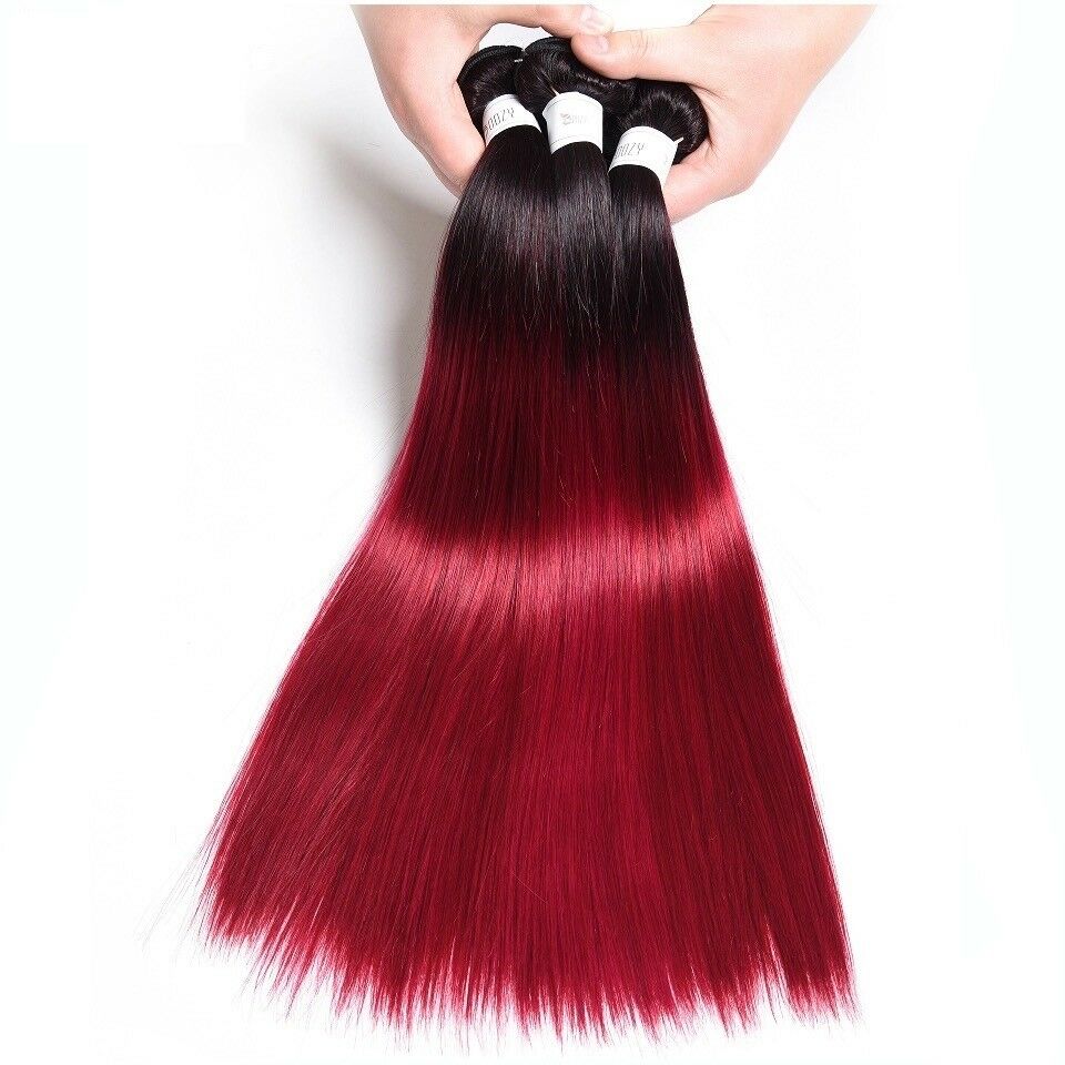 Luxury Peruvian #1b/99j Burgundy Red Ombre Straight Human Hair Extensions 10A