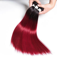 Load image into Gallery viewer, Luxury Peruvian #1b/99j Burgundy Red Ombre Straight Human Hair Extensions 10A
