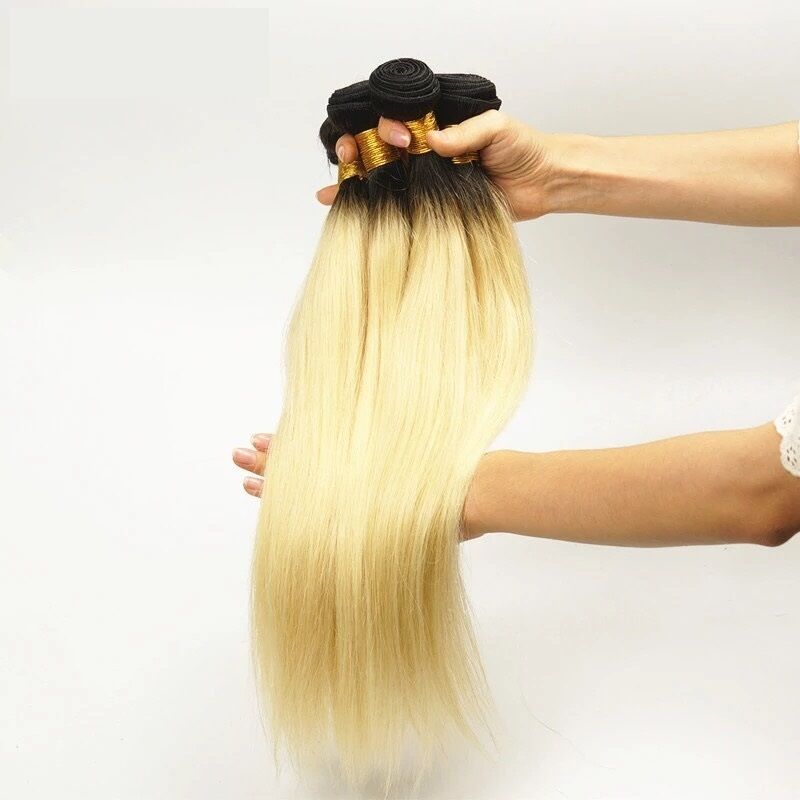 Luxury Dark Roots Brazilian Bleach Blonde #613 Straight Virgin Hair Extensions