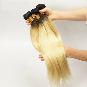Luxury Dark Roots Brazilian Bleach Blonde #613 Straight Virgin Hair Extensions