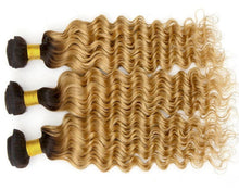 Load image into Gallery viewer, Luxury Dark Roots Brazilian Honey Blonde Deep Wave Virgin Human Hair Extensions
