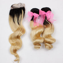 Load image into Gallery viewer, Luxury Loose Wave Peruvian Blonde Dark Roots Ombre Virgin Human Hair + Closure
