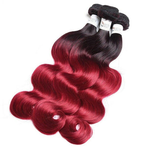 Luxury Peruvian #1b/99j Burgundy Red Ombre Body Wave Human Hair Extensions 10A