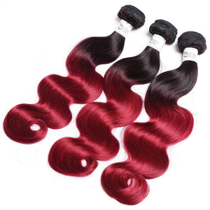 Luxury Peruvian #1b/99j Burgundy Red Ombre Body Wave Human Hair Extensions 10A