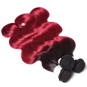 Luxury Peruvian #1b/99j Burgundy Red Ombre Body Wave Human Hair Extensions 10A