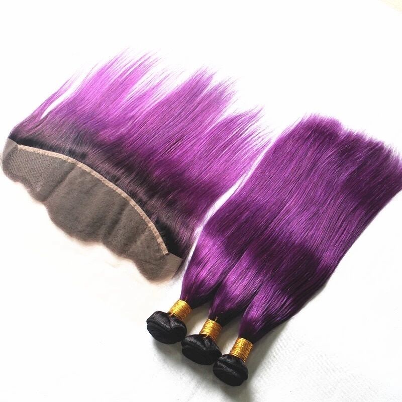 Luxury Brazilian Silky Straight Purple Dark Roots Hair Extensions + 13x4 Frontal