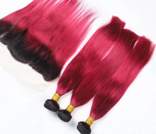 Load image into Gallery viewer, Luxury Brazilian Straight Burgundy 99J Dark Roots Hair Extensions + 13x4 Frontal
