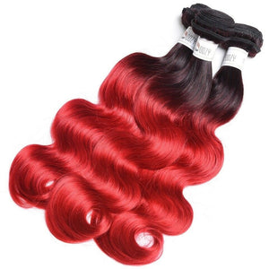 Luxury Peruvian #1b/Red Ombre Body Wave Virgin Human Hair Extensions 10A
