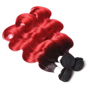 Luxury Peruvian #1b/Red Ombre Body Wave Virgin Human Hair Extensions 10A